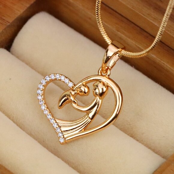 "Rose Gold Mother and Child Heart Pendant with Sparkling Detail, XPPT1327 - Picture 1 of 13